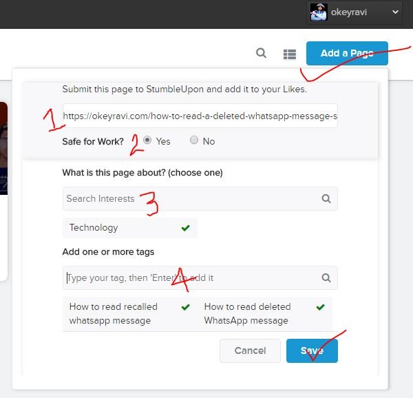 Add websites to stumbleupon using quick submit method