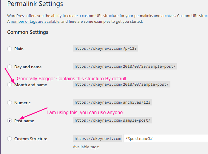 setting up permalinks while transferring Blogger to WordPress Migration