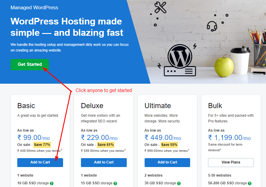 Selecting a WordPress hosting in GoDaddy Website