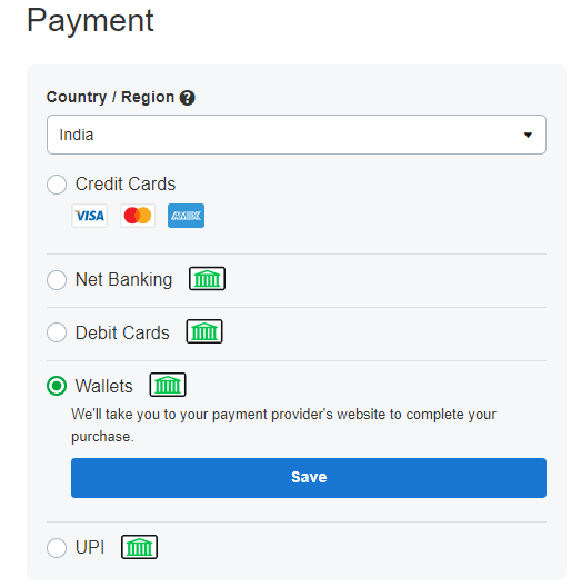 Payment options available on GoDaddy - Paytm, also available