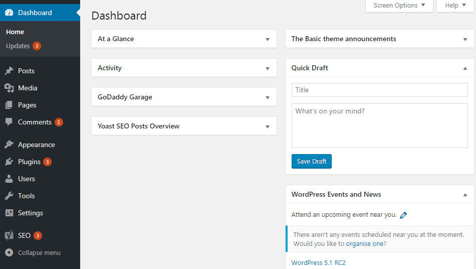 WordPress dashboard - first step to start a website