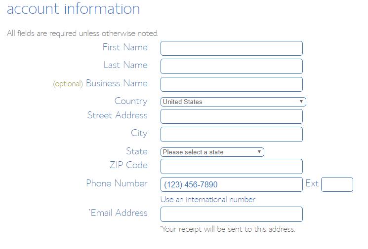 account information fill up on Bluehost