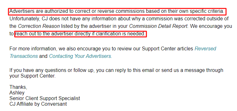 Ipage Affiliate program response from CJ Affiliate on Commissions