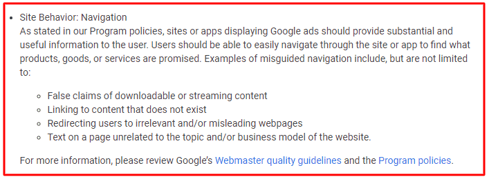 Fix Site behavior Navigation Adsense Policy Violation