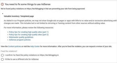 Valuable inventory templated page adsense violation fix