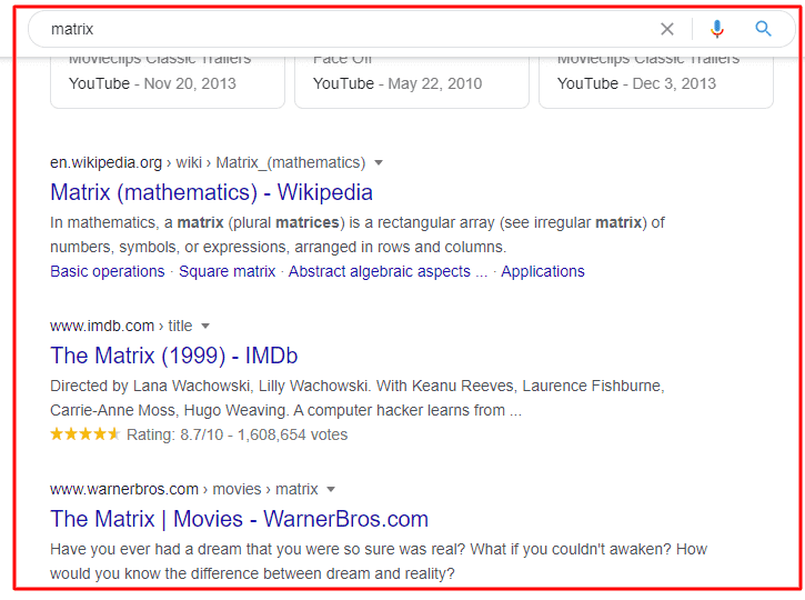 Search result Without stop words for matrix keyword