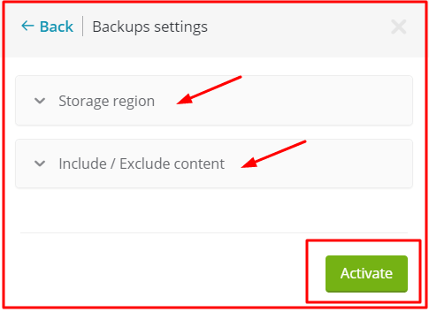 Activating backup in ManageWP
